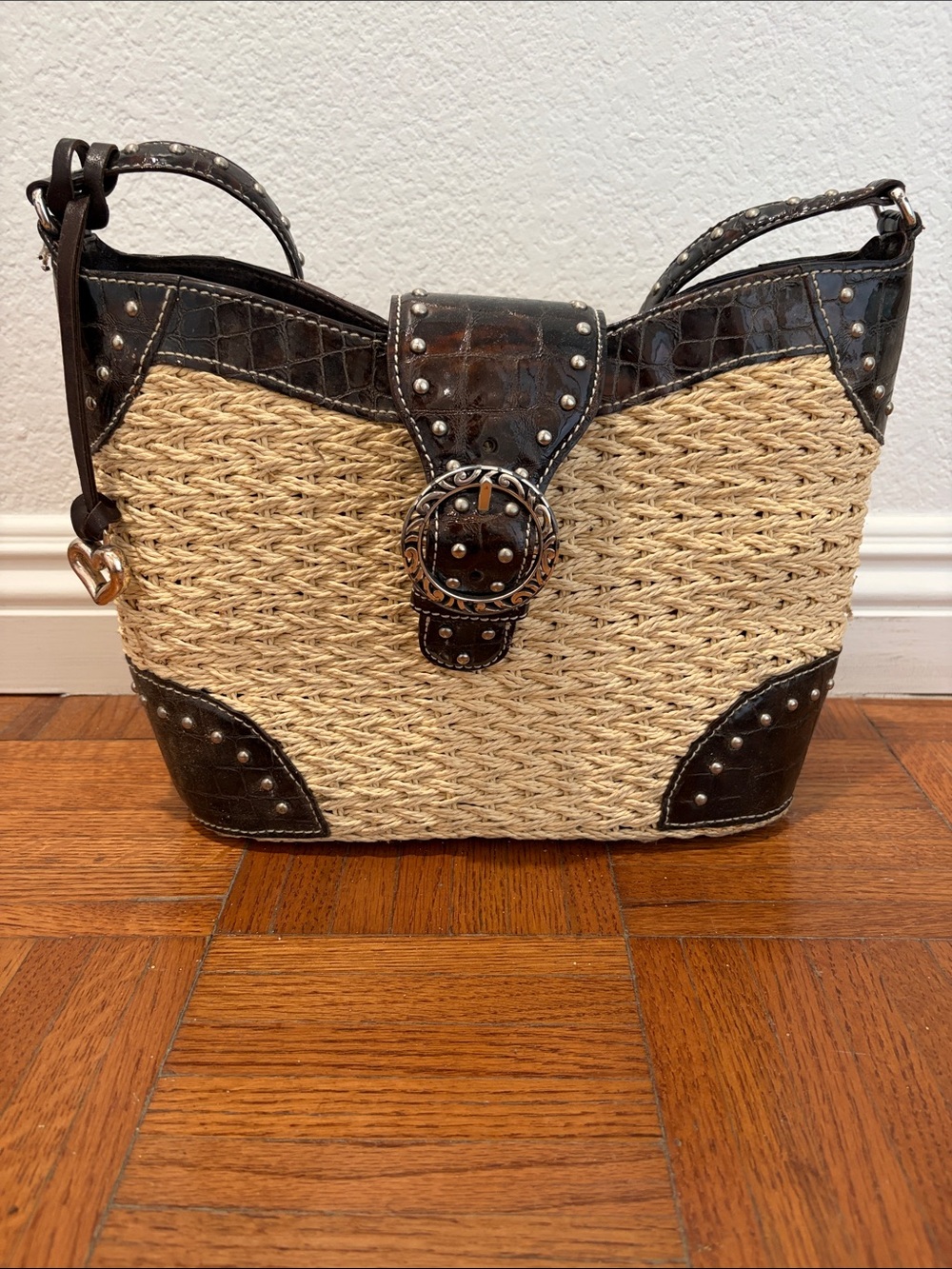 Brighton Straw Shoulder Bag with Dark Brown Trim and Buckle